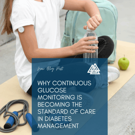 Young girl with CGM monitor on right arm as she sits on bench and drinks water.