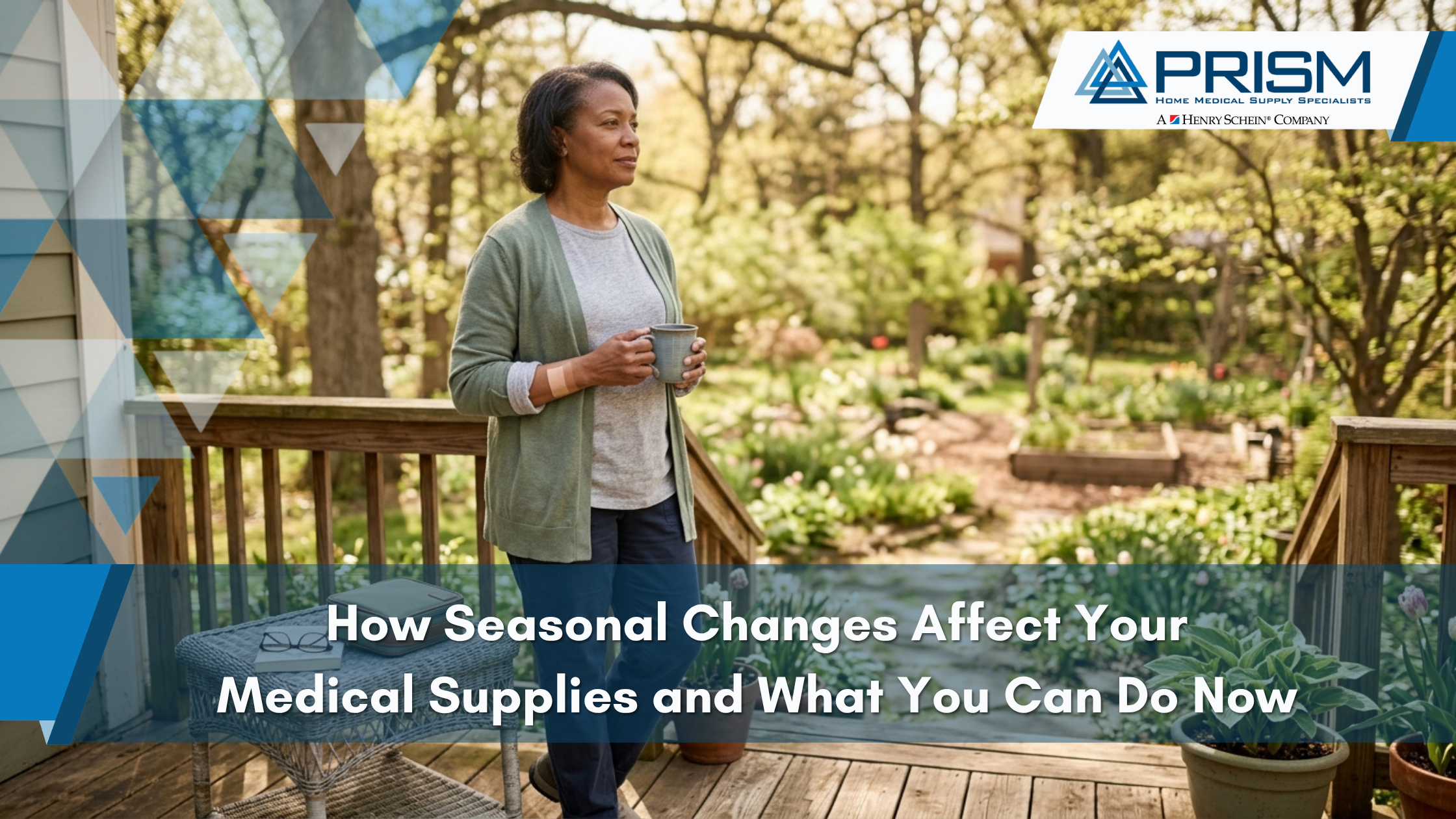 Woman sipping coffee on front porch in woods.